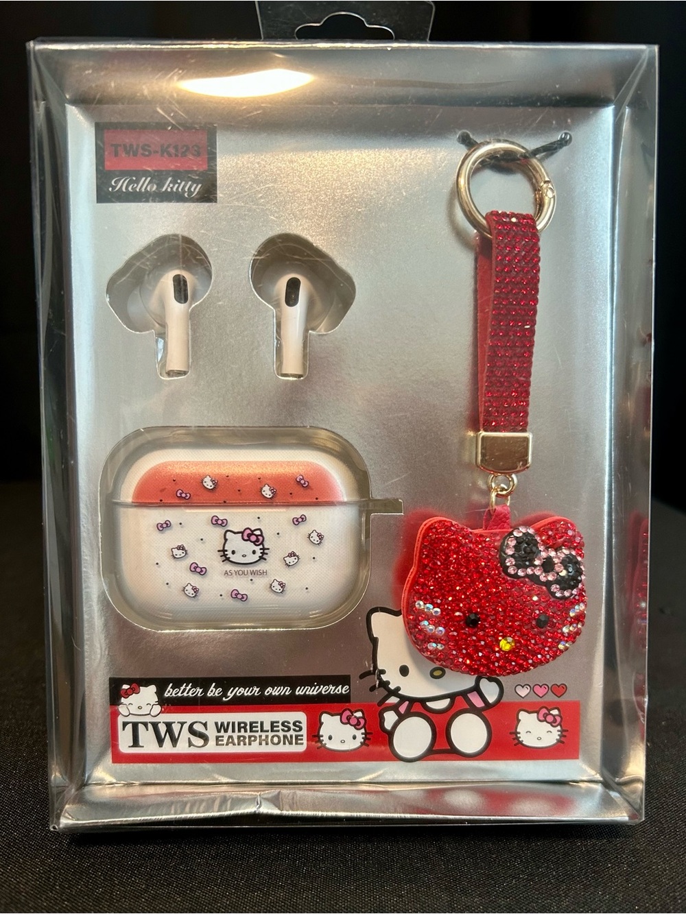 Hello Kitty Red and White Wireless Earbuds with Rhinestone Hello Kitty Keychain